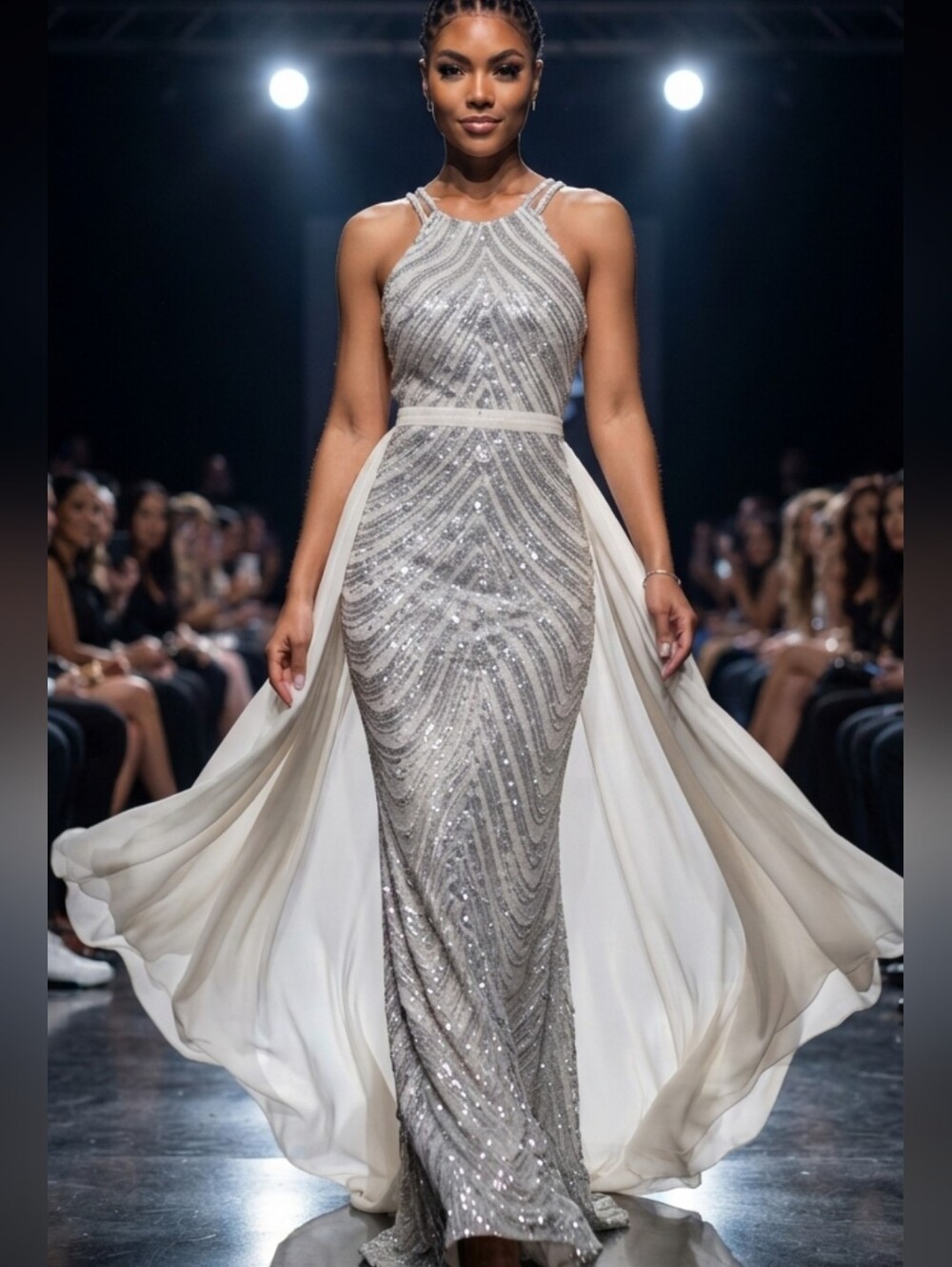 Silver, O Neck, Sleeveless, Detachable Skirt, Sequined Mermaid Gown